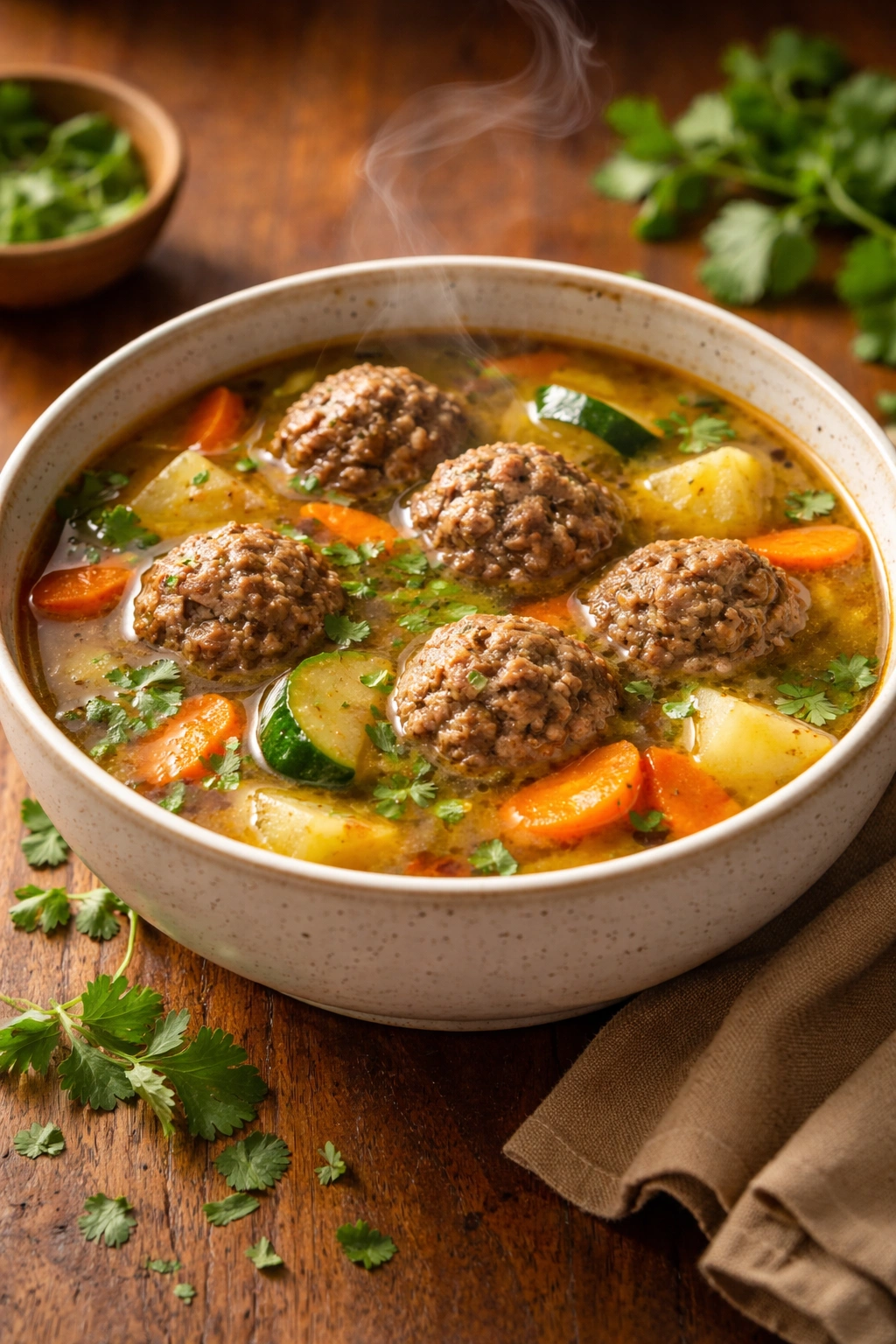 Bowl of albondigas soup with tender meatballs and steaming broth