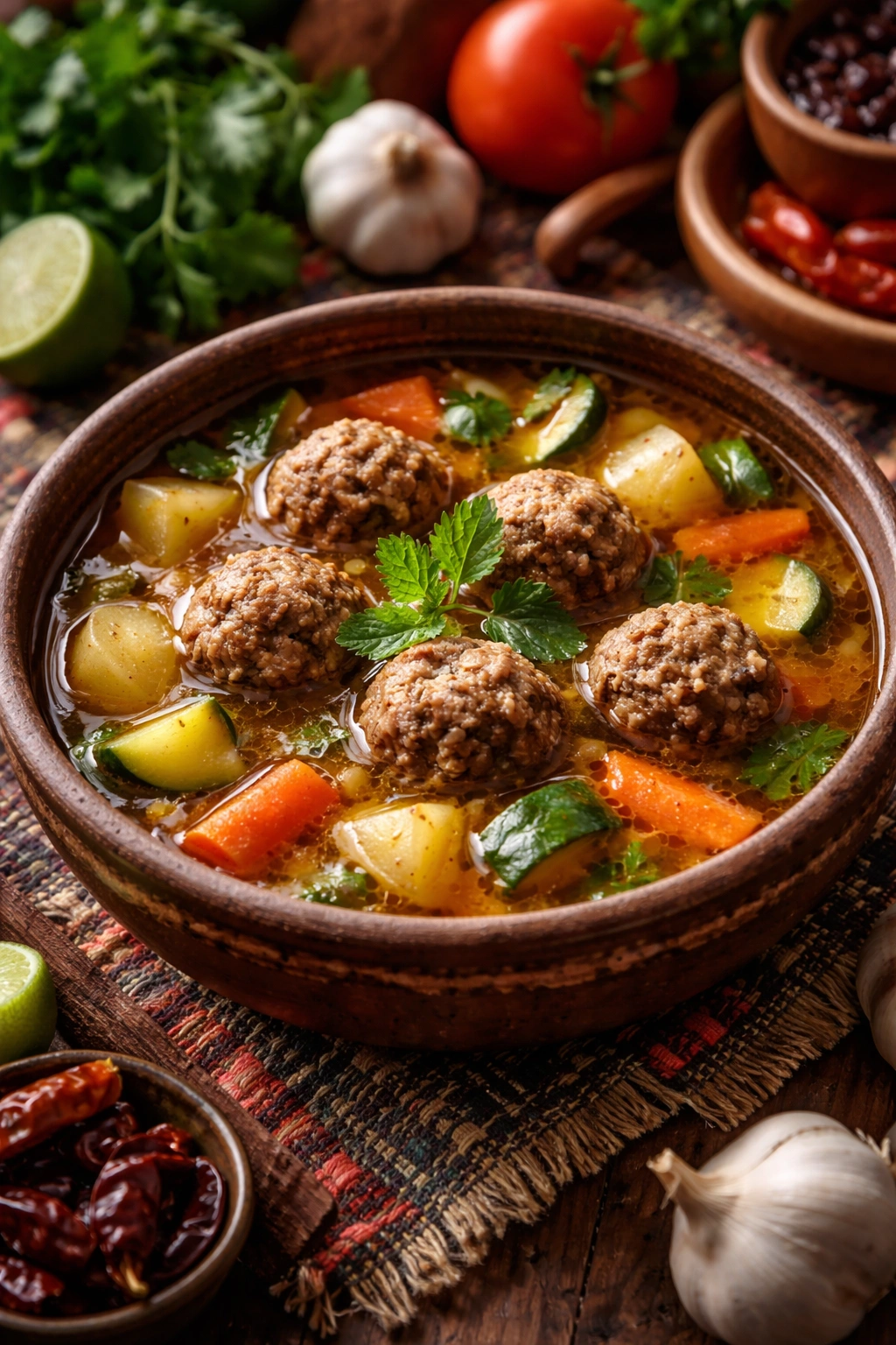 Traditional albondigas soup in rustic bowl with mint garnish