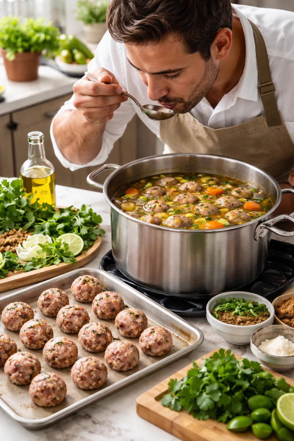 Chef tasting albondigas broth with meatball prep nearby