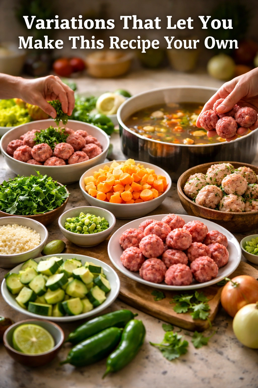 Different protein options and vegetables for albondigas variations on a counter