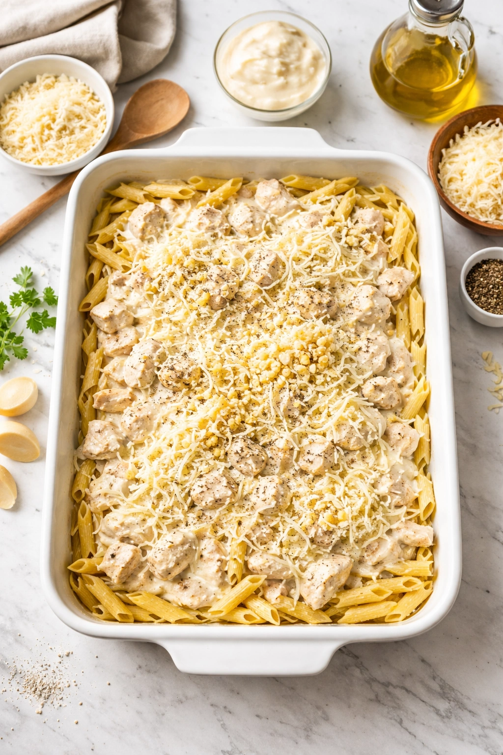 Uncooked pasta, sauce, chicken and cheese layered in a single baking dish