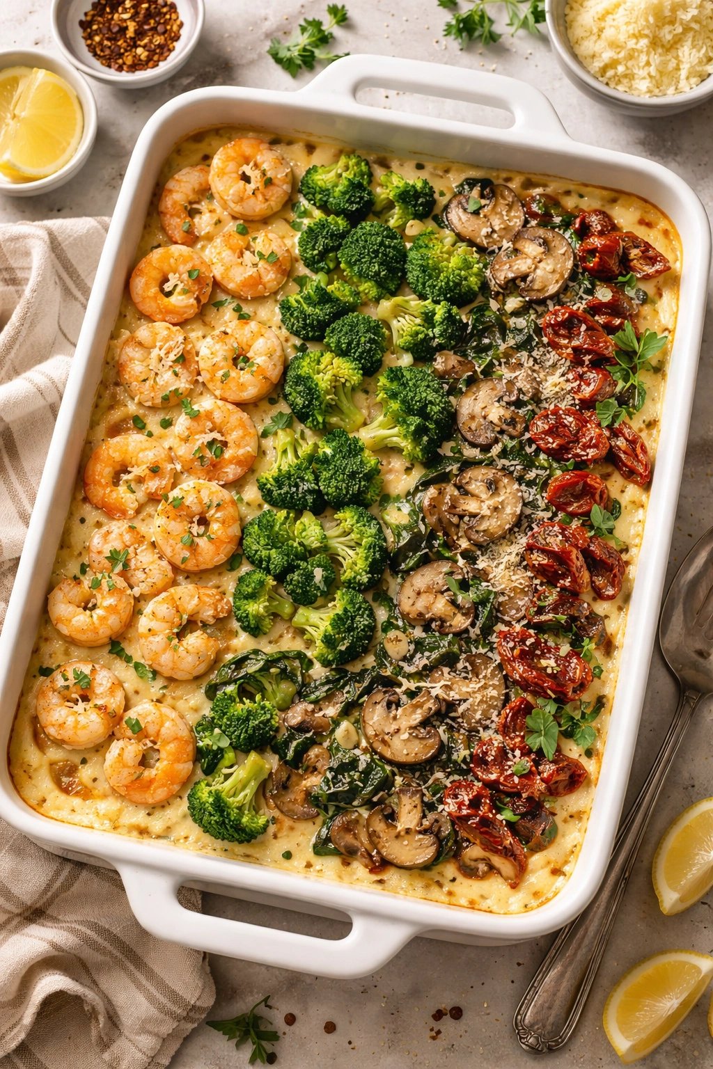 Creamy Alfredo bake with four topping variations in a single casserole