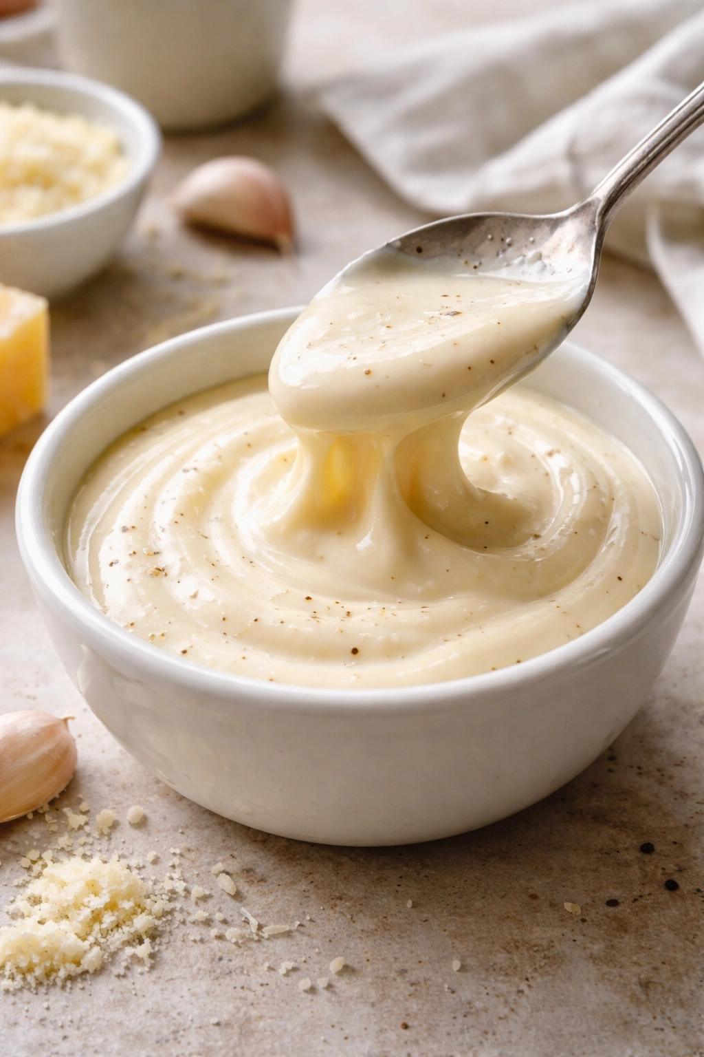 Close-up of glossy emulsified Alfredo sauce in a small white bowl.
