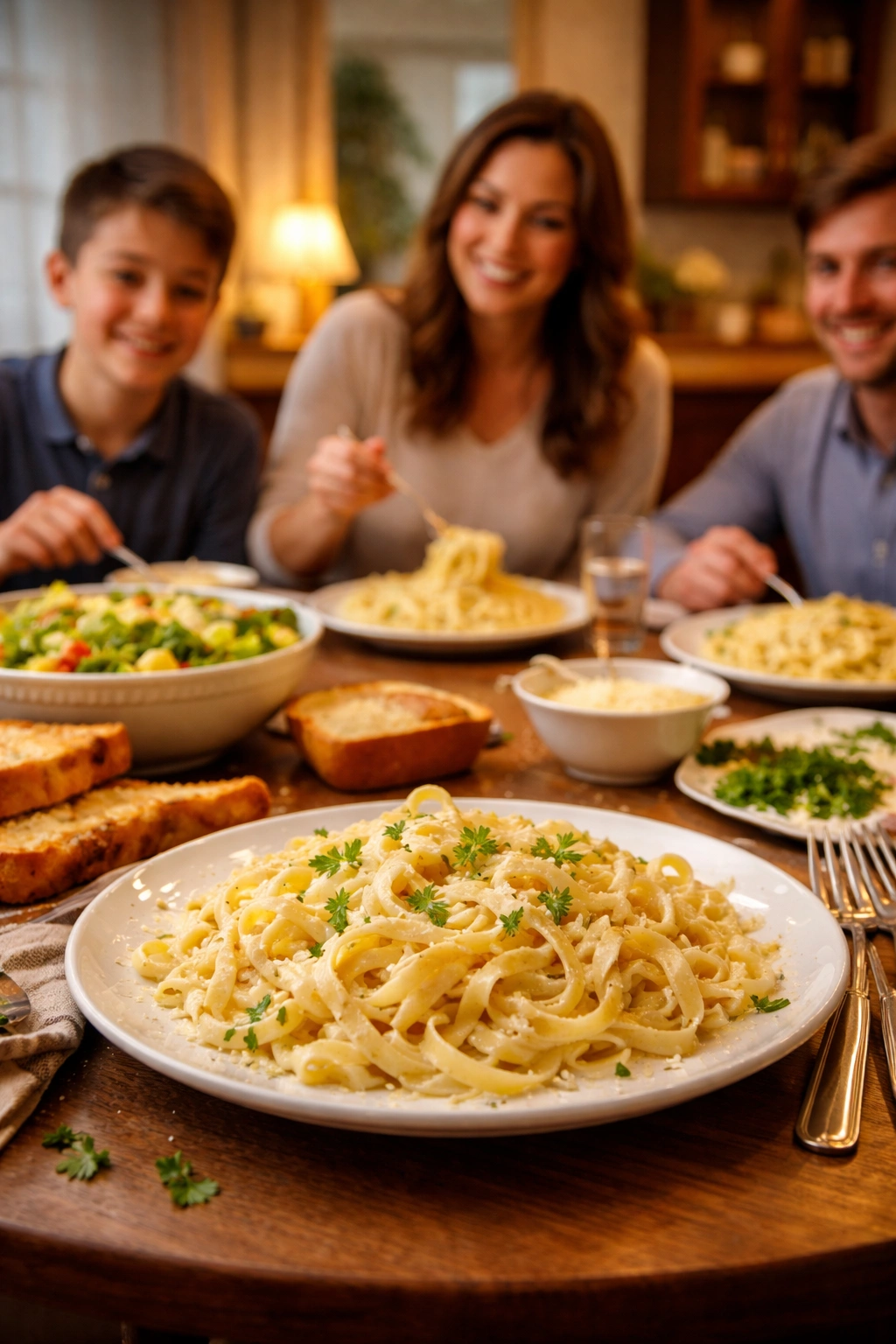 Family enjoying creamy Alfredo at a cozy dinner table