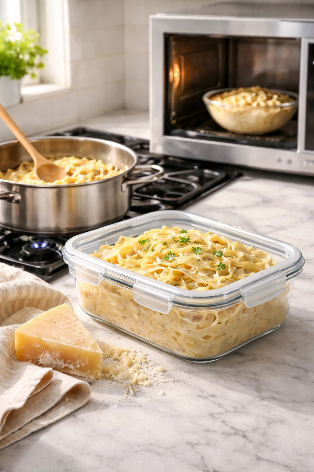 Leftover alfredo in a glass container with stove and microwave nearby