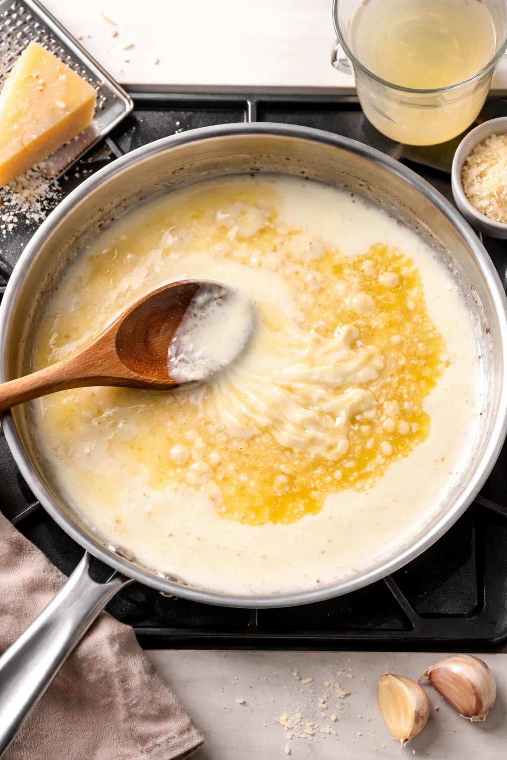 Alfredo sauce with minor separation and glossy texture in pan.