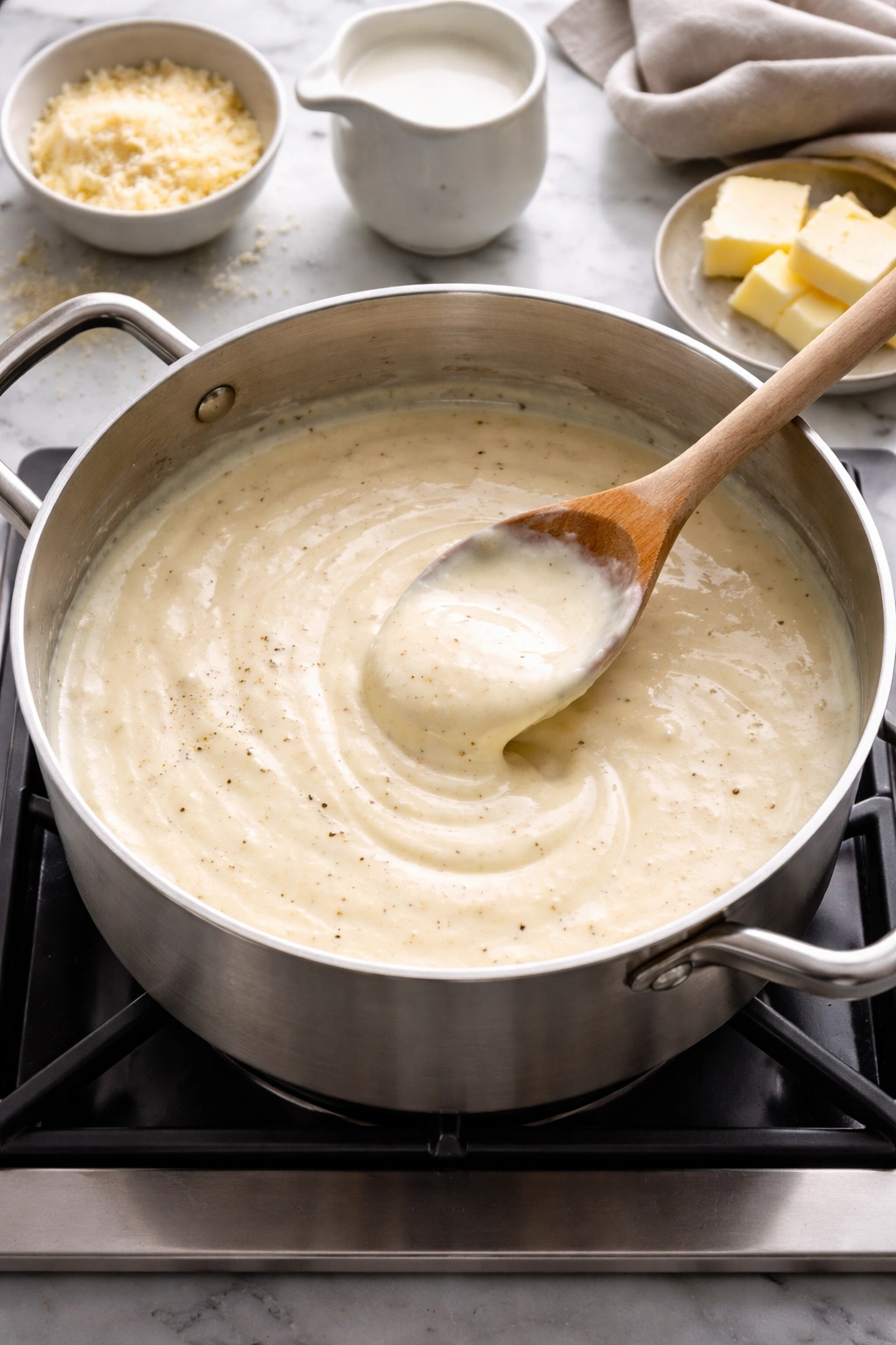 Silky Alfredo sauce base simmering in a heavy pot