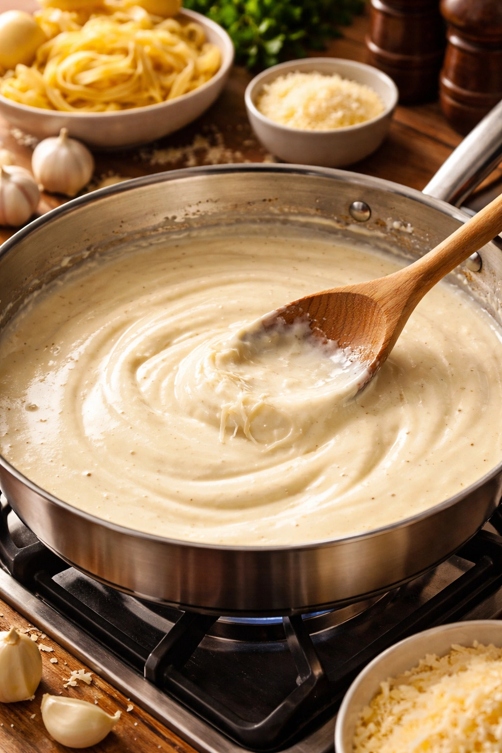 Pan of creamy Alfredo sauce mid-emulsion on stove.