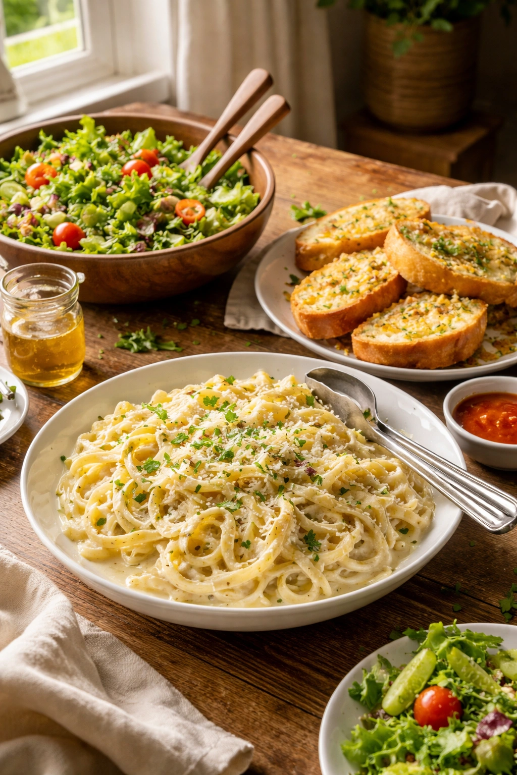 Green salad and garlic bread as side dishes for creamy pasta