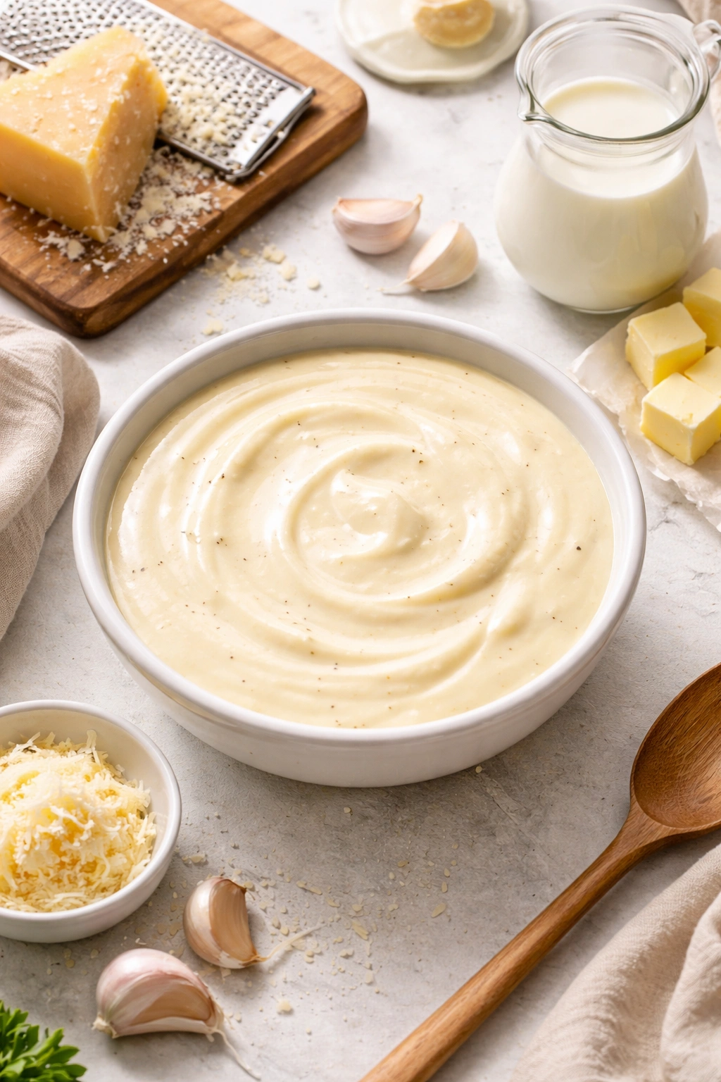 Perfectly emulsified Alfredo sauce in a white bowl.