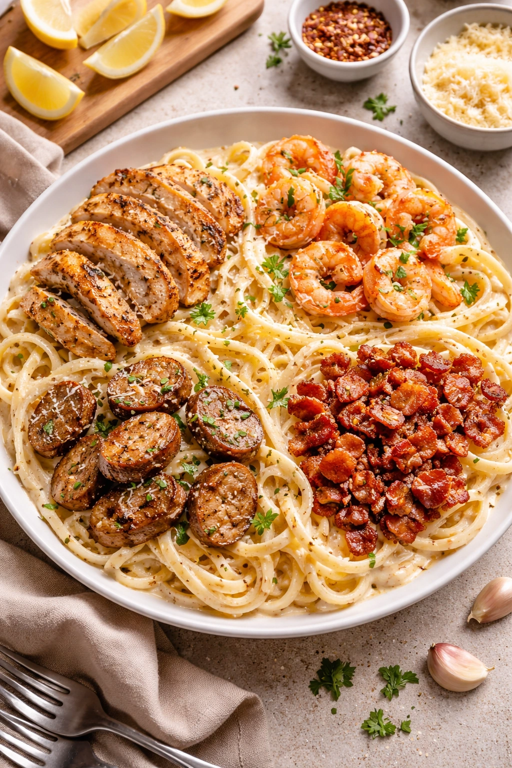 Plate of creamy alfredo with chicken shrimp bacon and sausage toppings