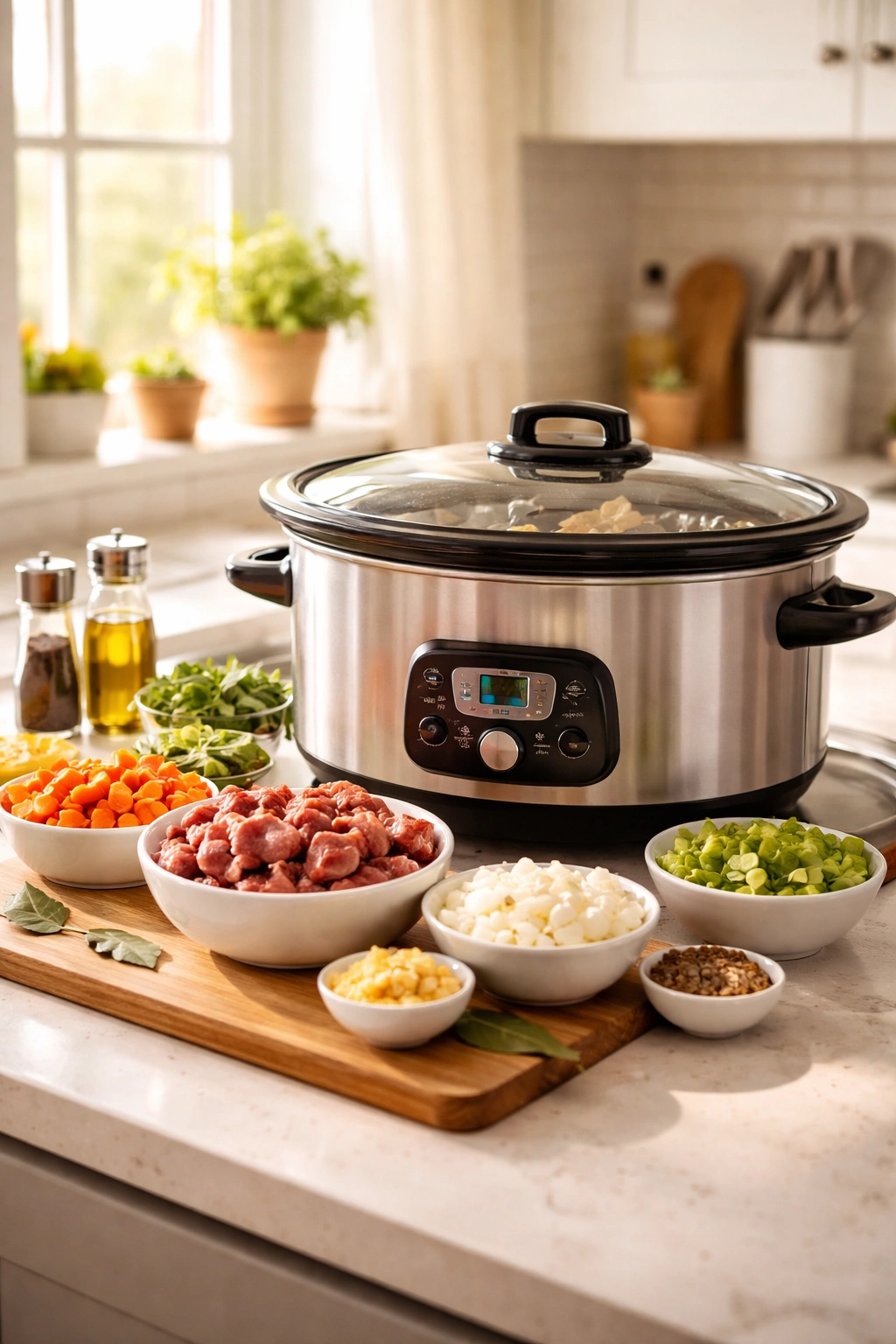 Slow cooker on kitchen counter with prepped ingredients illustrating all-day cooking