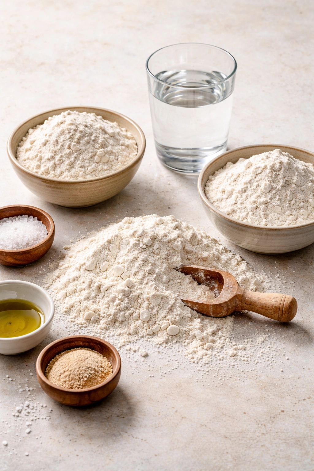 Arranged bowls of different flour varieties for focaccia