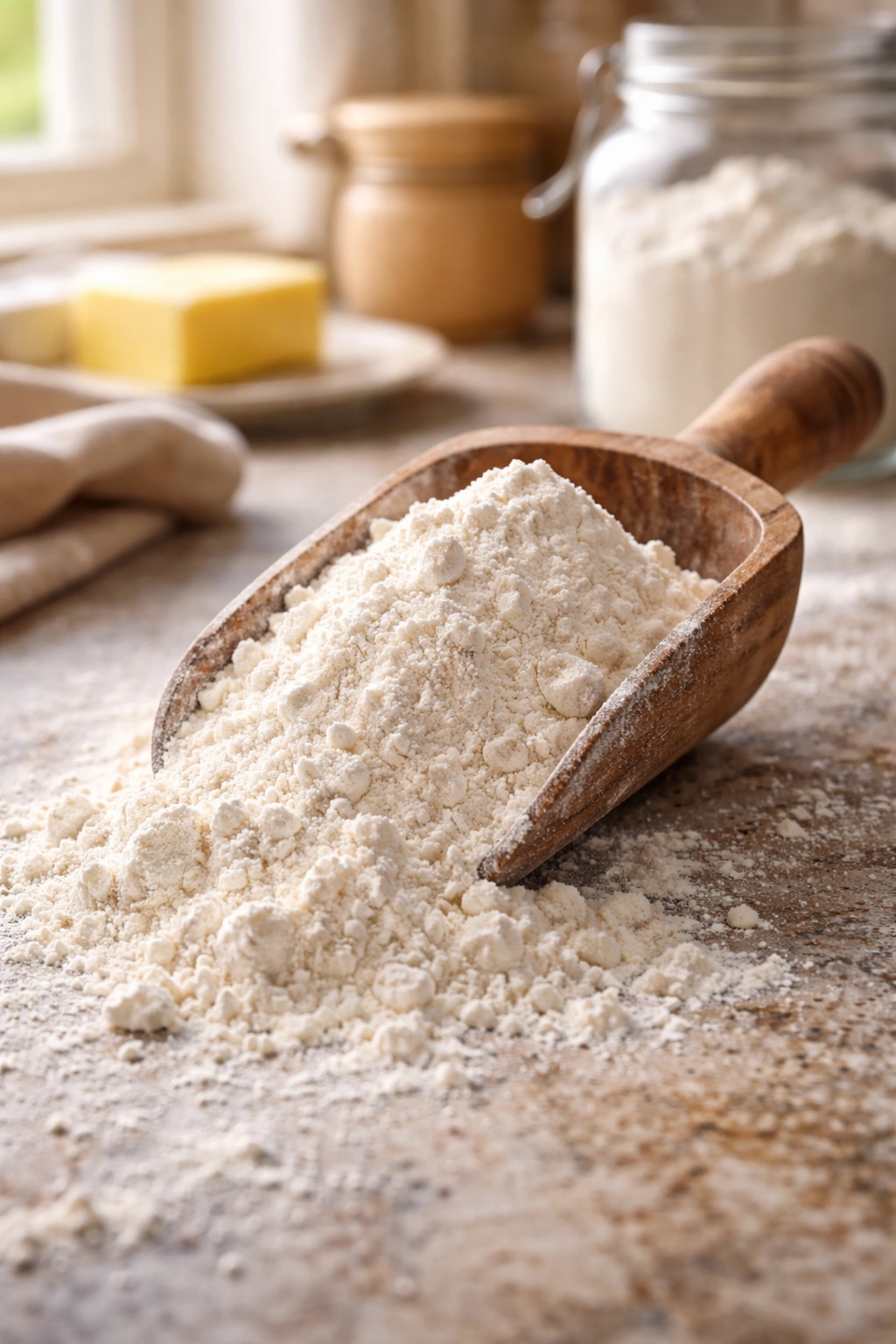 Mound of all-purpose flour in a wooden scoop on a rustic counter