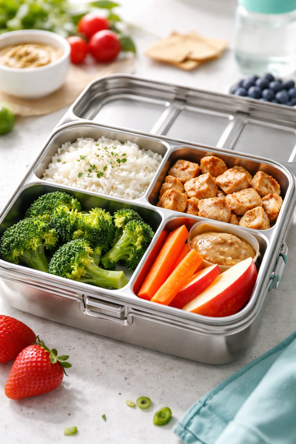 Allergen-free lunchbox with rice, chicken, broccoli, carrots, and apples on a bright counter