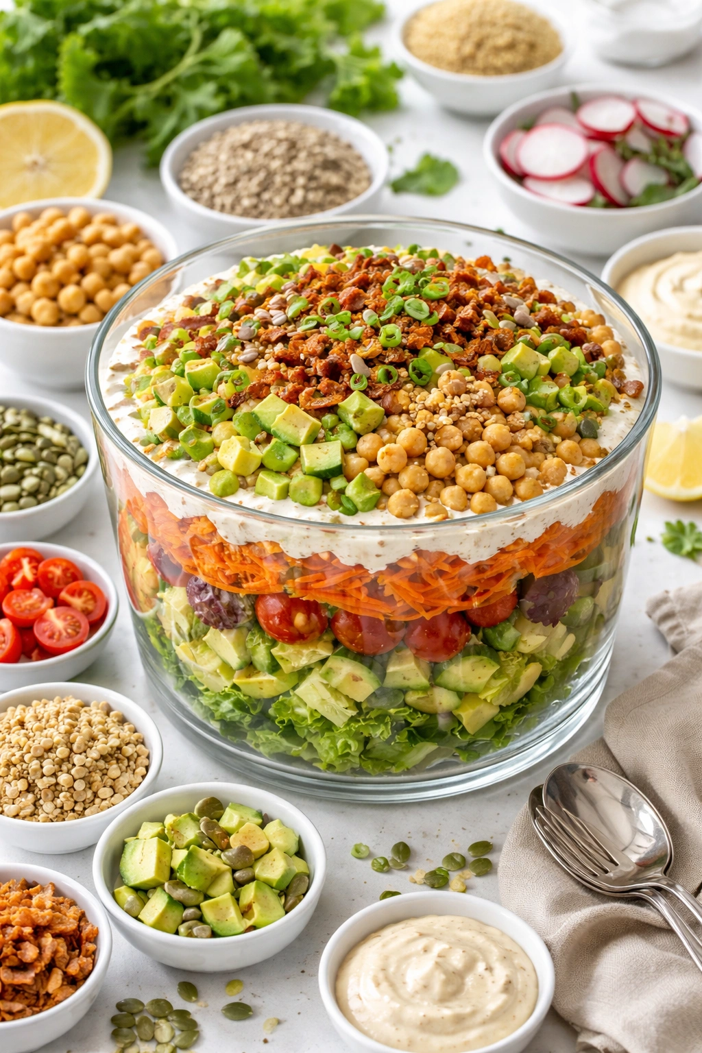 Layered salad in glass dish with varied toppings suggesting dietary adaptations