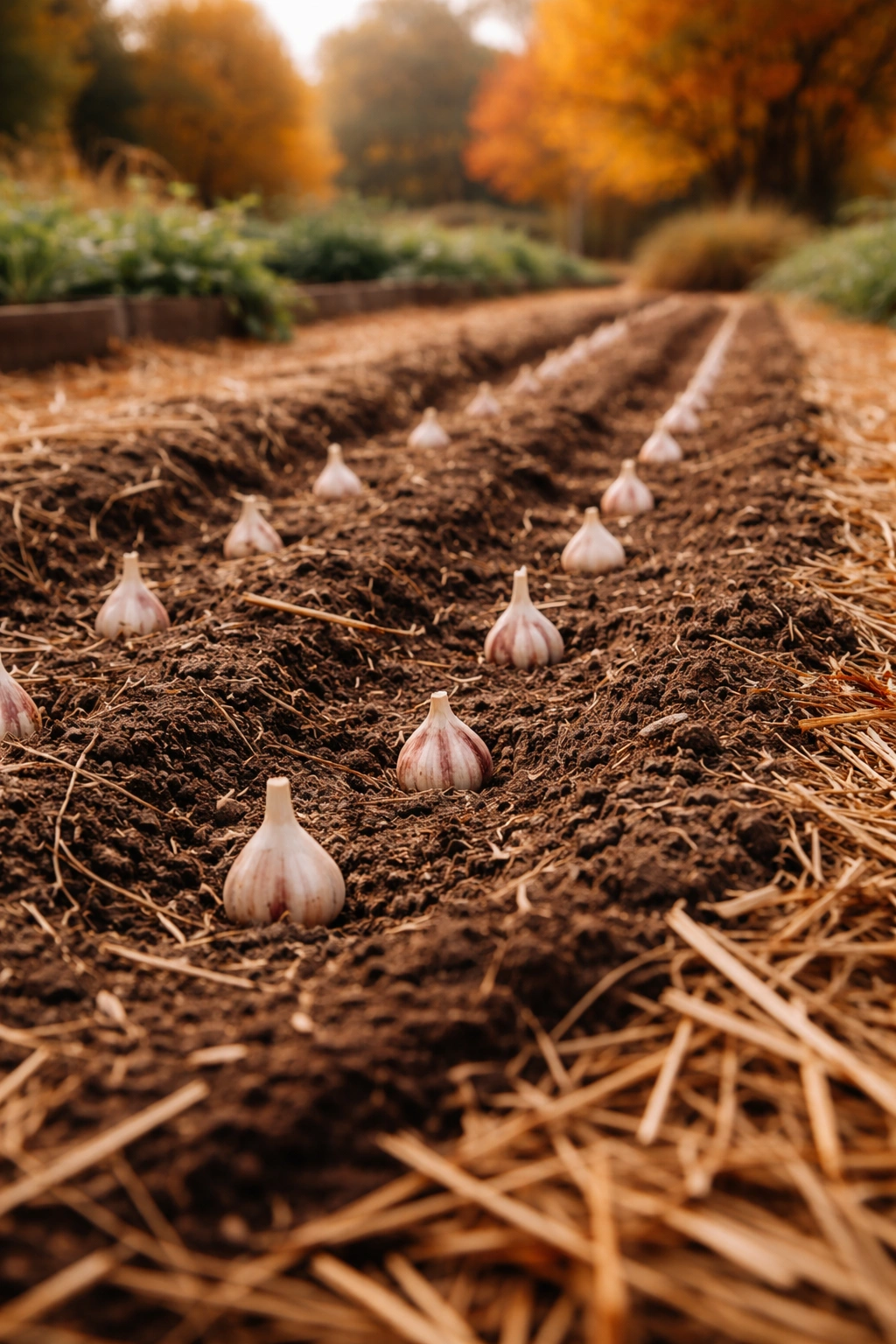 Garlic cloves planted in a mulched fall bed