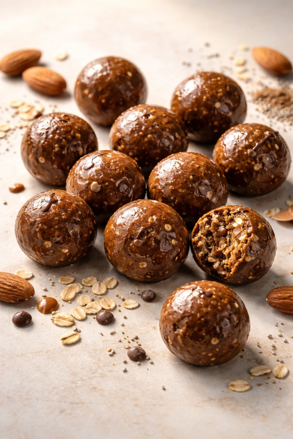 Glossy fudgy almond butter bites arranged on a plain surface