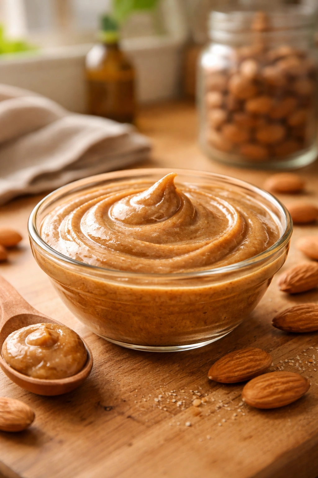 Close-up of glossy almond butter in a glass bowl on wooden surface