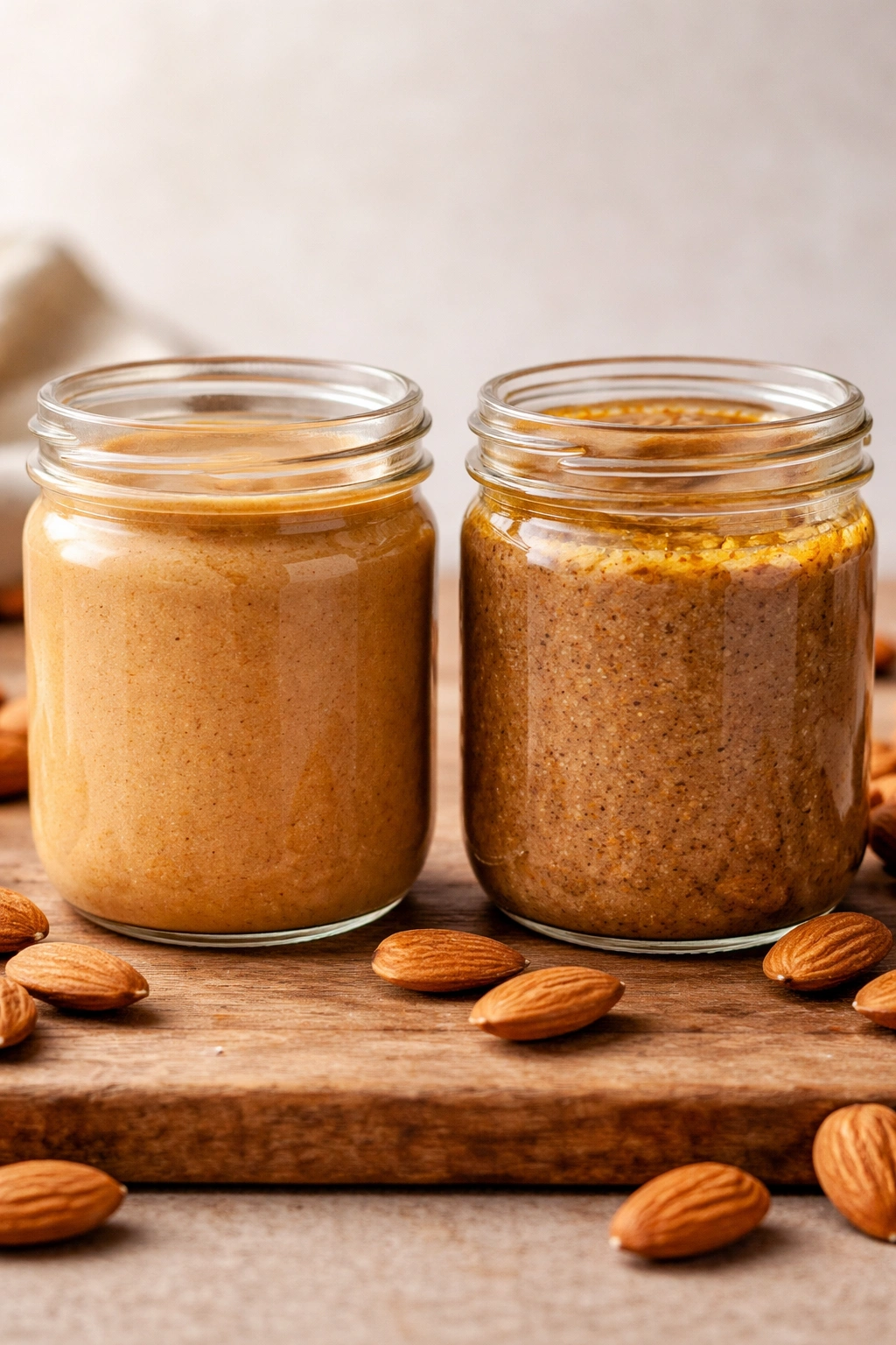 Two jars of almond butter showing oil separation and creamy texture