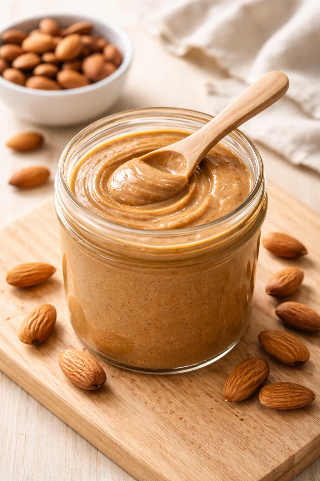 Creamy almond butter in a glass jar with a wooden spoon on a light wood surface
