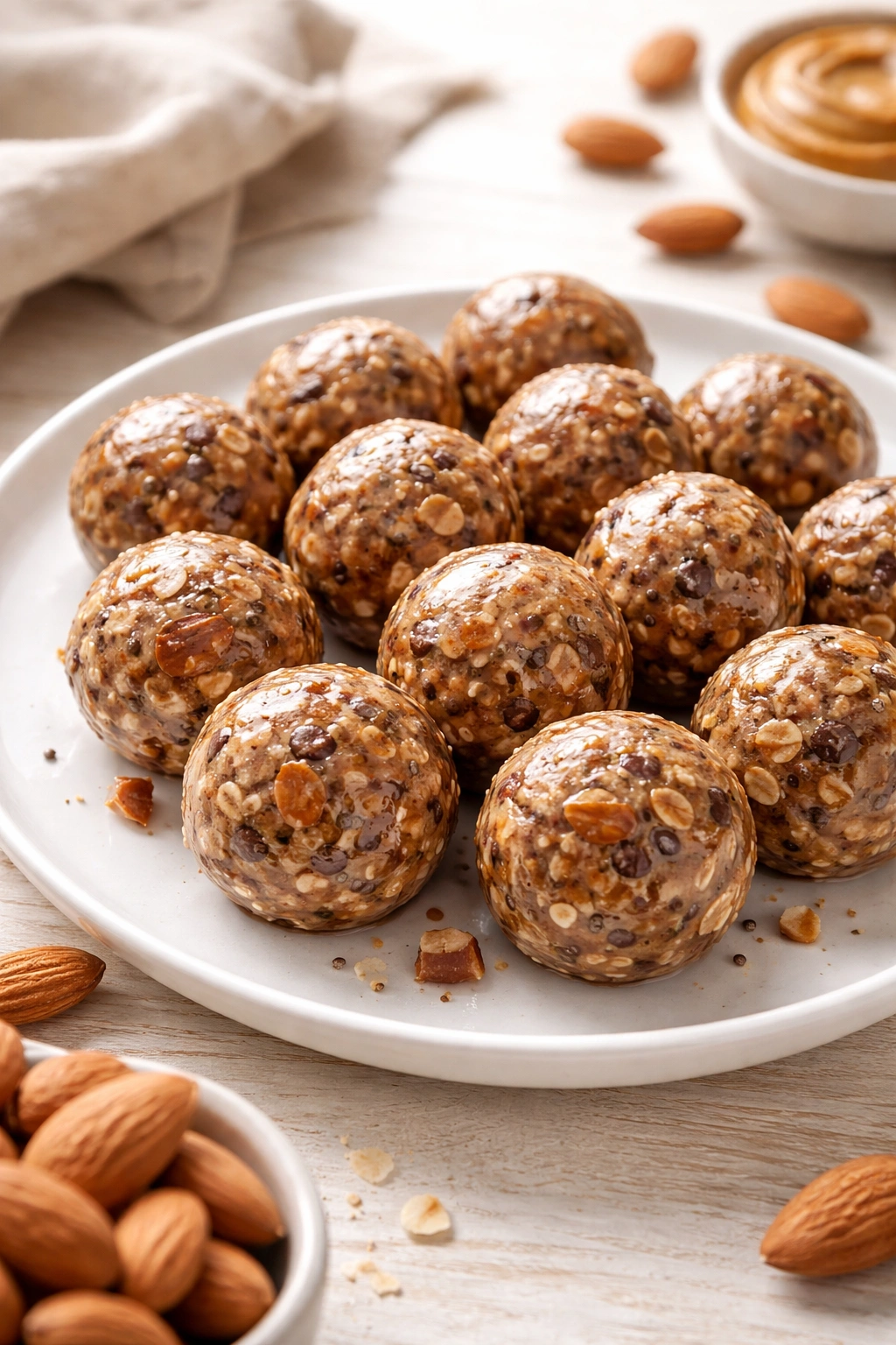 Close-up of almond butter energy balls on a plate with cocoa specks