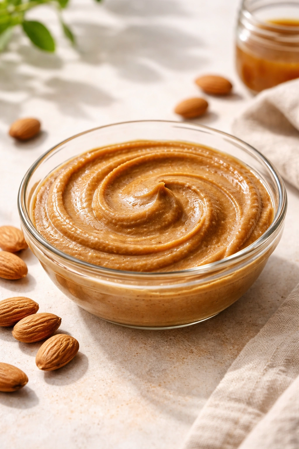 Bowl of almond butter on a clean counter