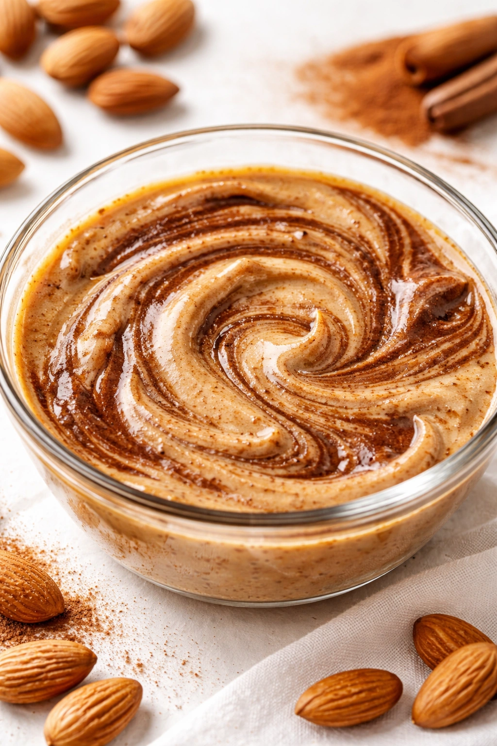 Marbled almond butter with cinnamon and cocoa tones in a bowl