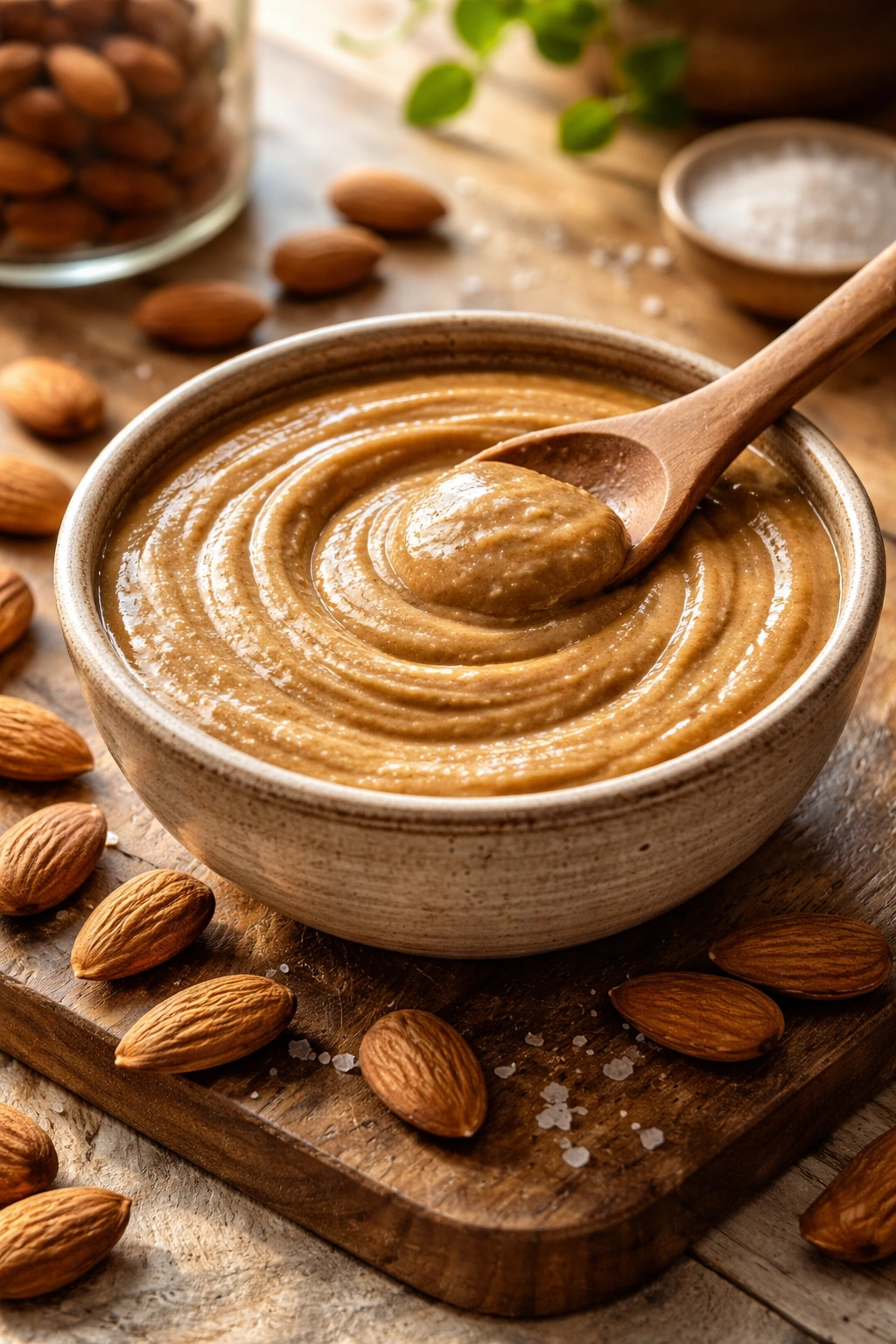 Close-up of creamy homemade almond butter in a rustic bowl with a wooden spoon