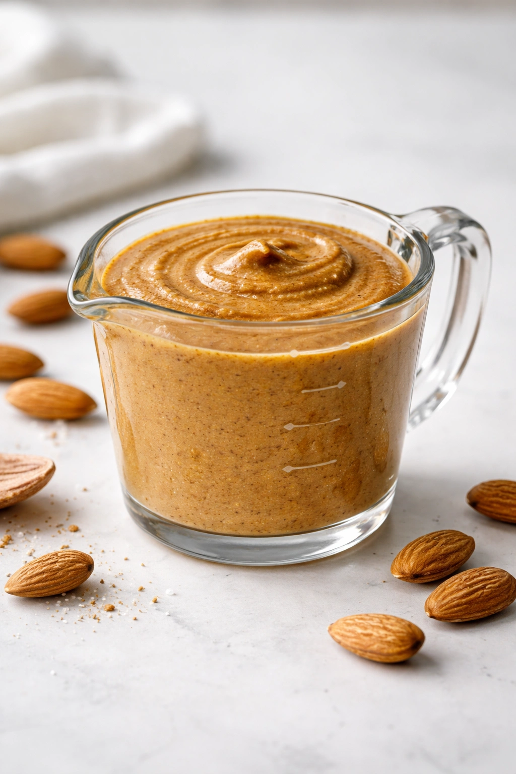 Measuring cup filled with almond butter at the 1-cup mark