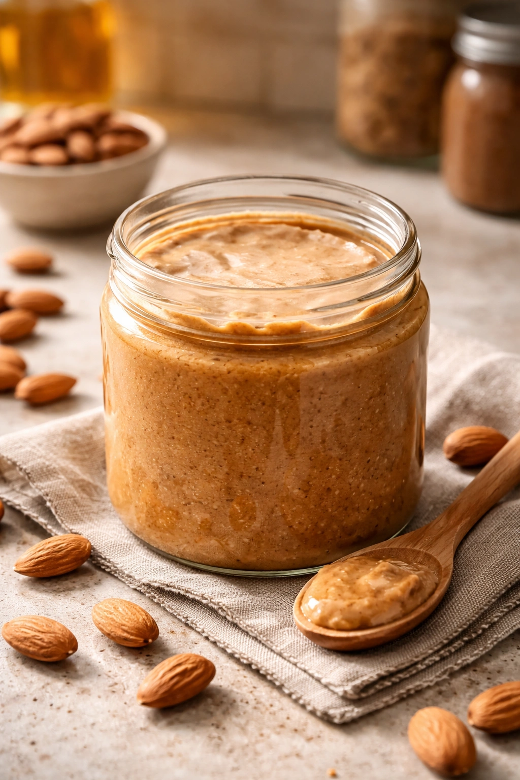 Jar of almond butter with parchment cover illustrating storage