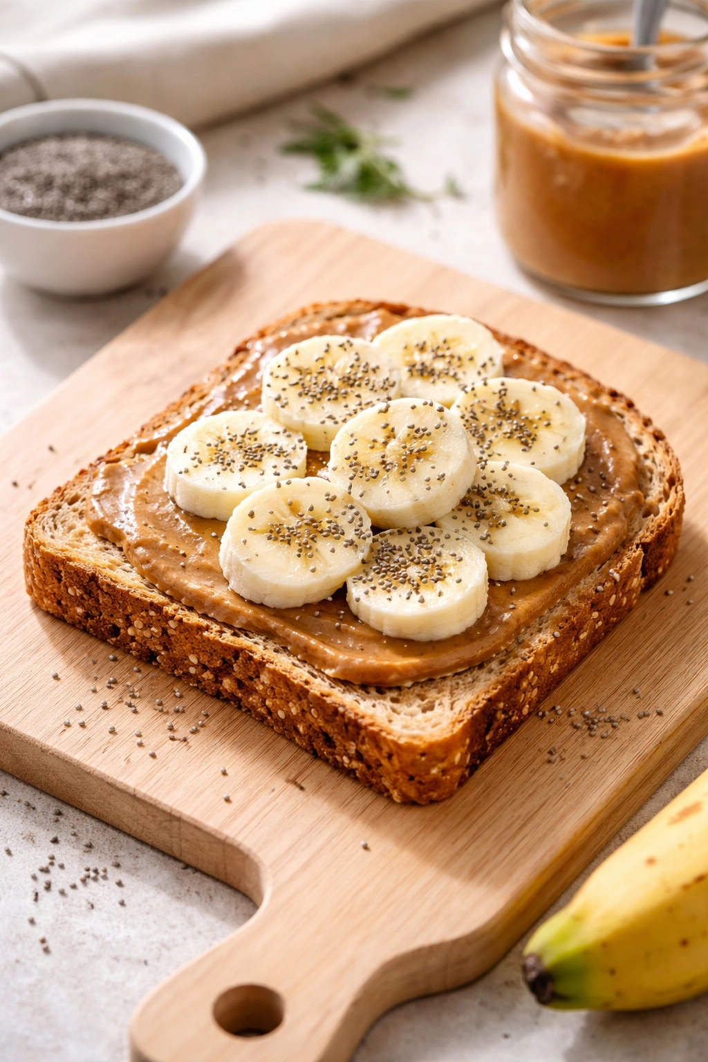 Close-up of almond butter banana toast with chia seeds on a wooden board