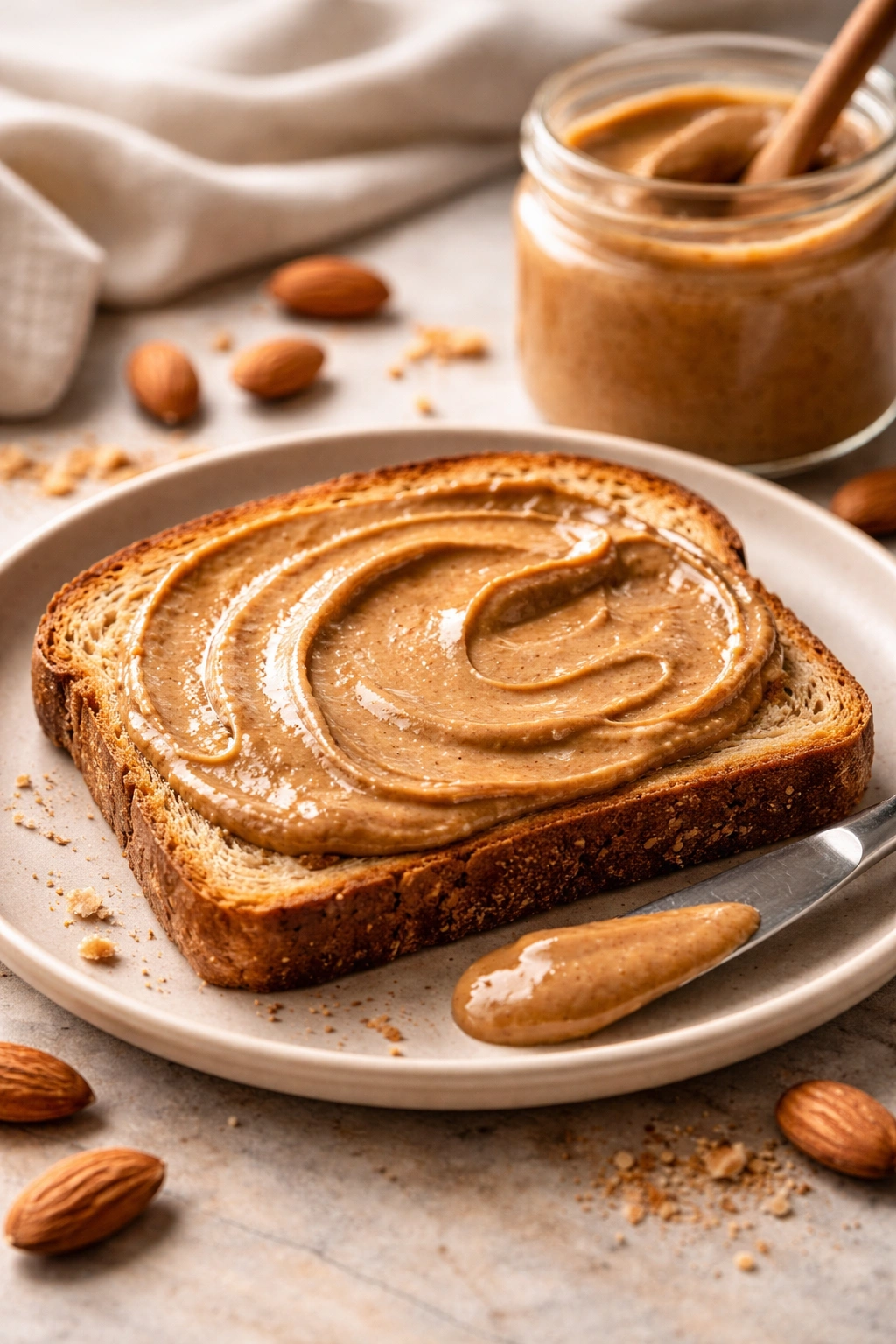 Toast with almond butter spread on warm bread
