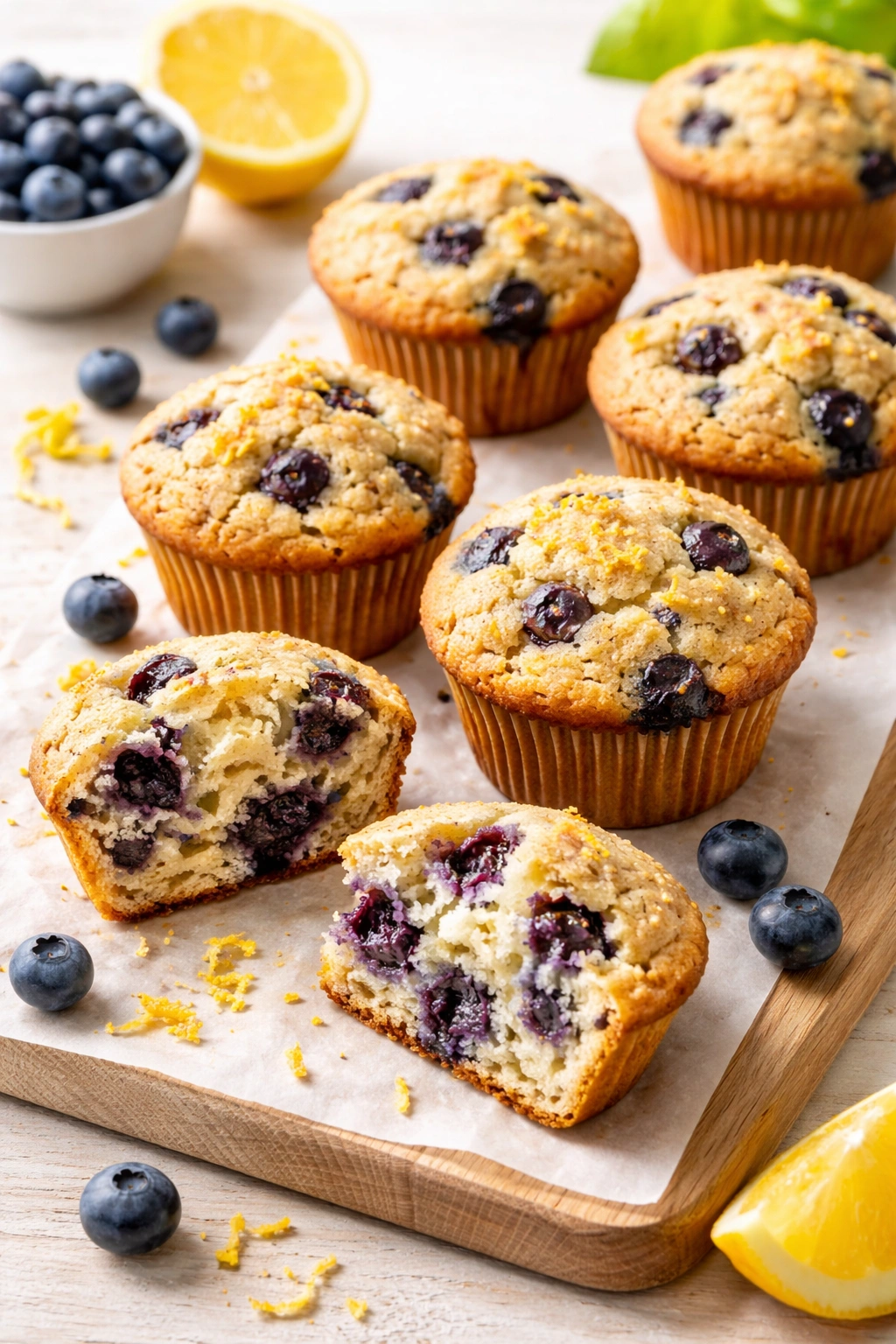 Close-up of almond flour blueberry muffins with lemon zest on wood surface