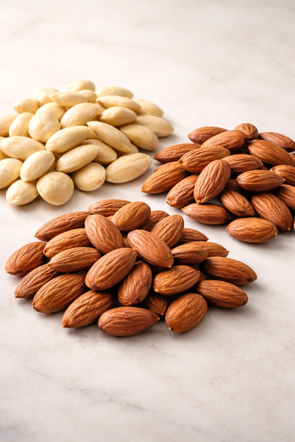 Three piles of almonds showing blanched, unblanched, and roasted varieties