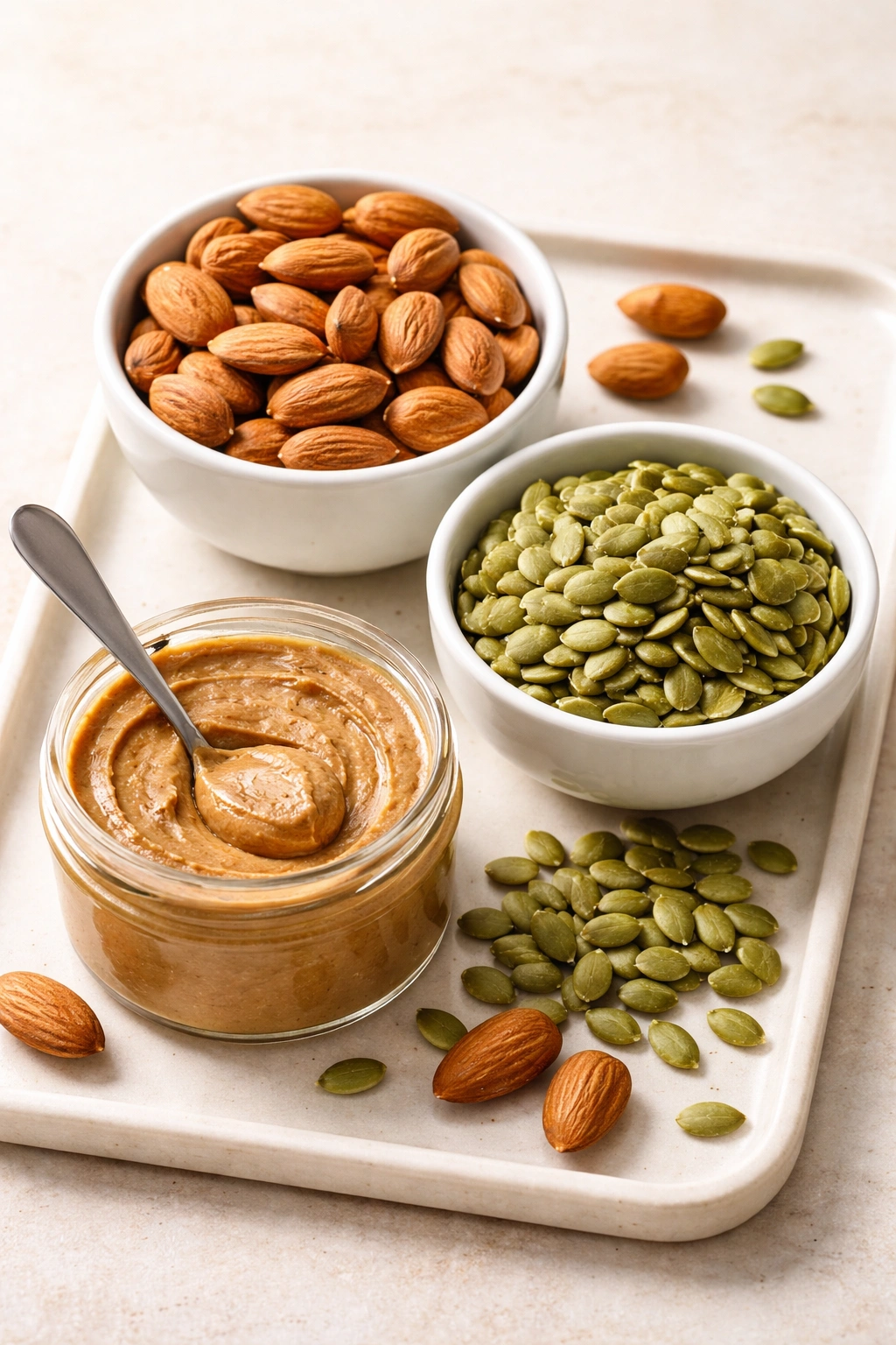 Almonds, pumpkin seeds, and almond butter for portable protein