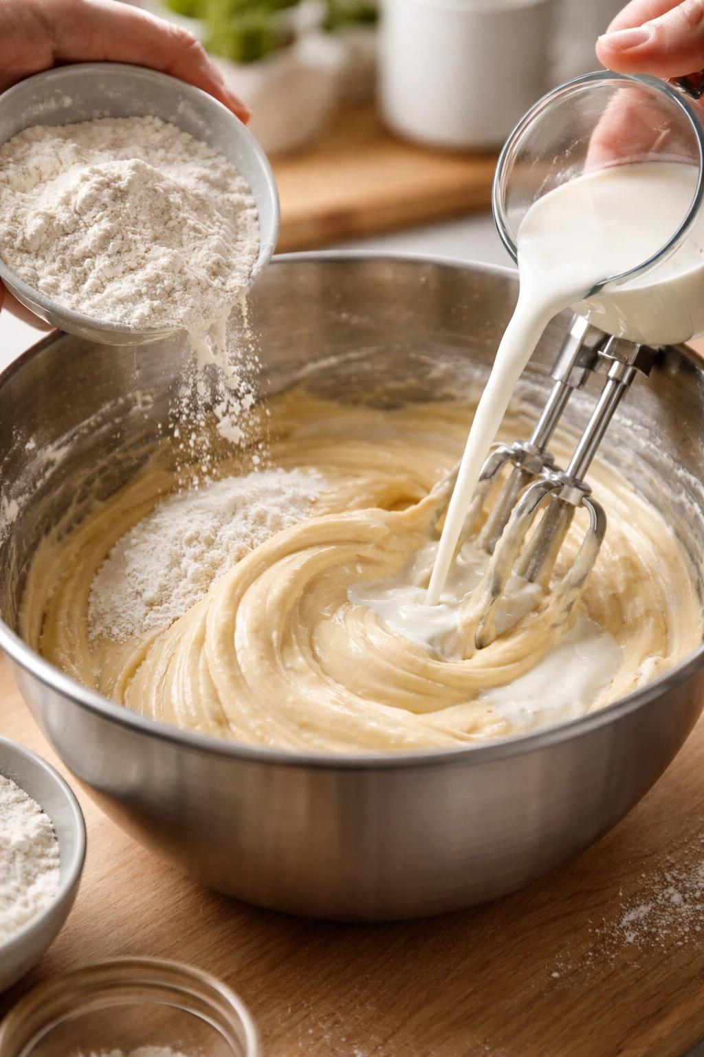 Batter being stirred in a bowl illustrating alternating dry and milk additions