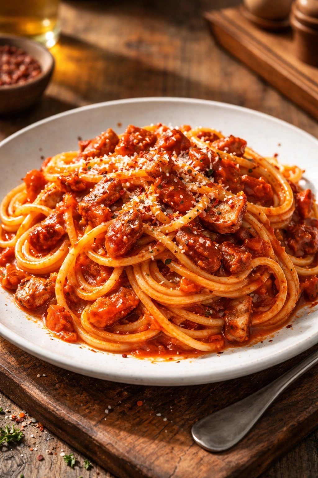 Amatriciana pasta with tomato sauce and guanciale