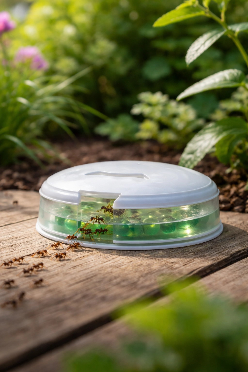 Ant bait station with visible gel inside on wooden surface