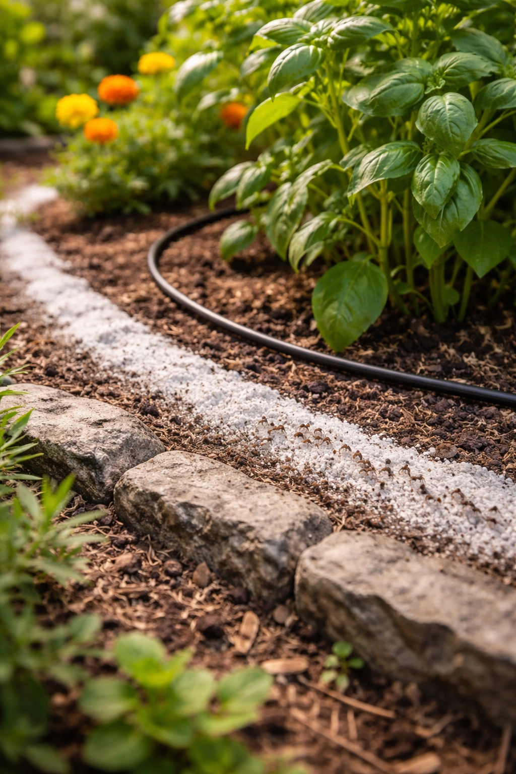 Line of barrier material along edge of plant bed in a garden