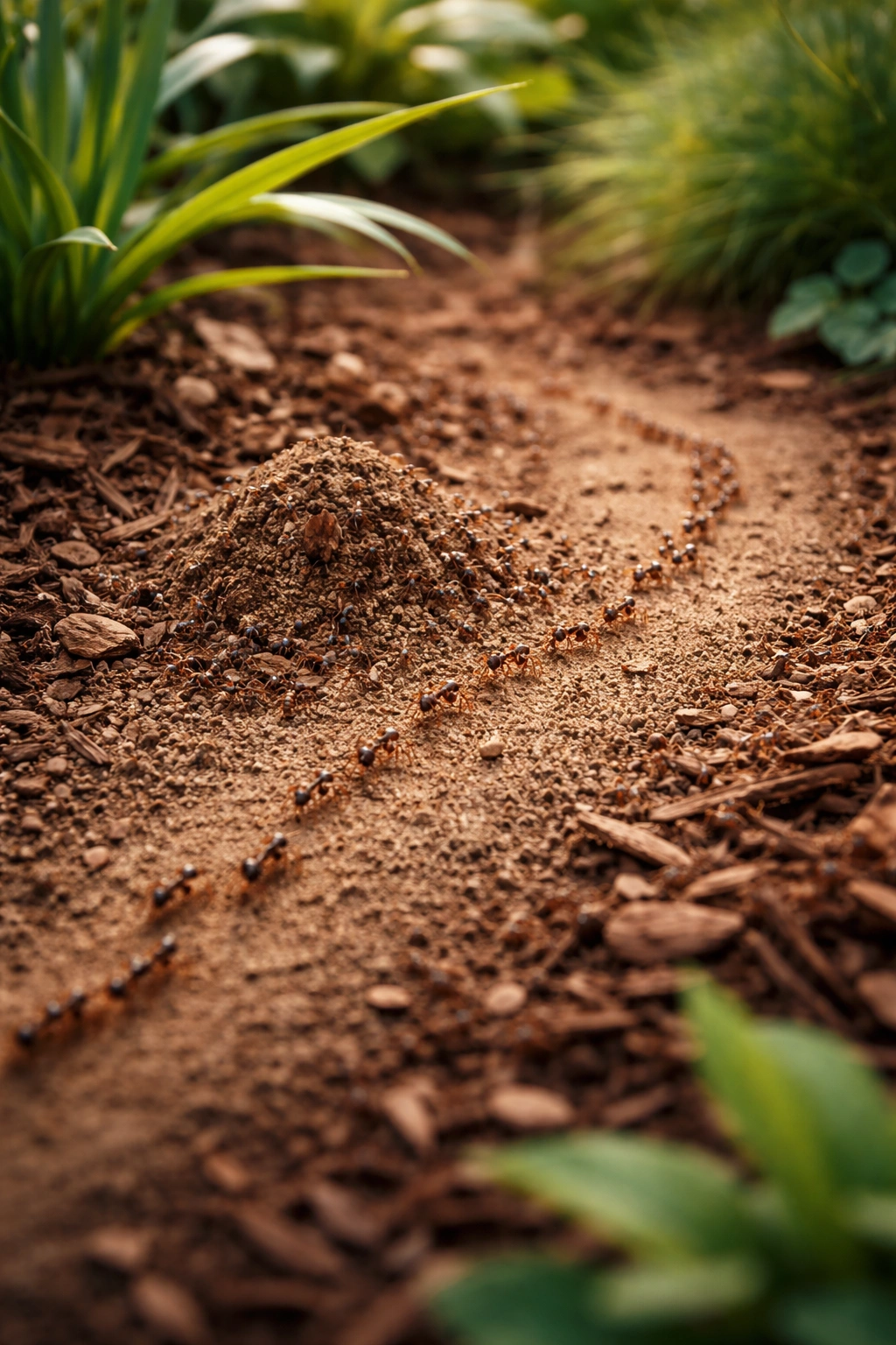 Soil ant mound with visible trails in a garden bed