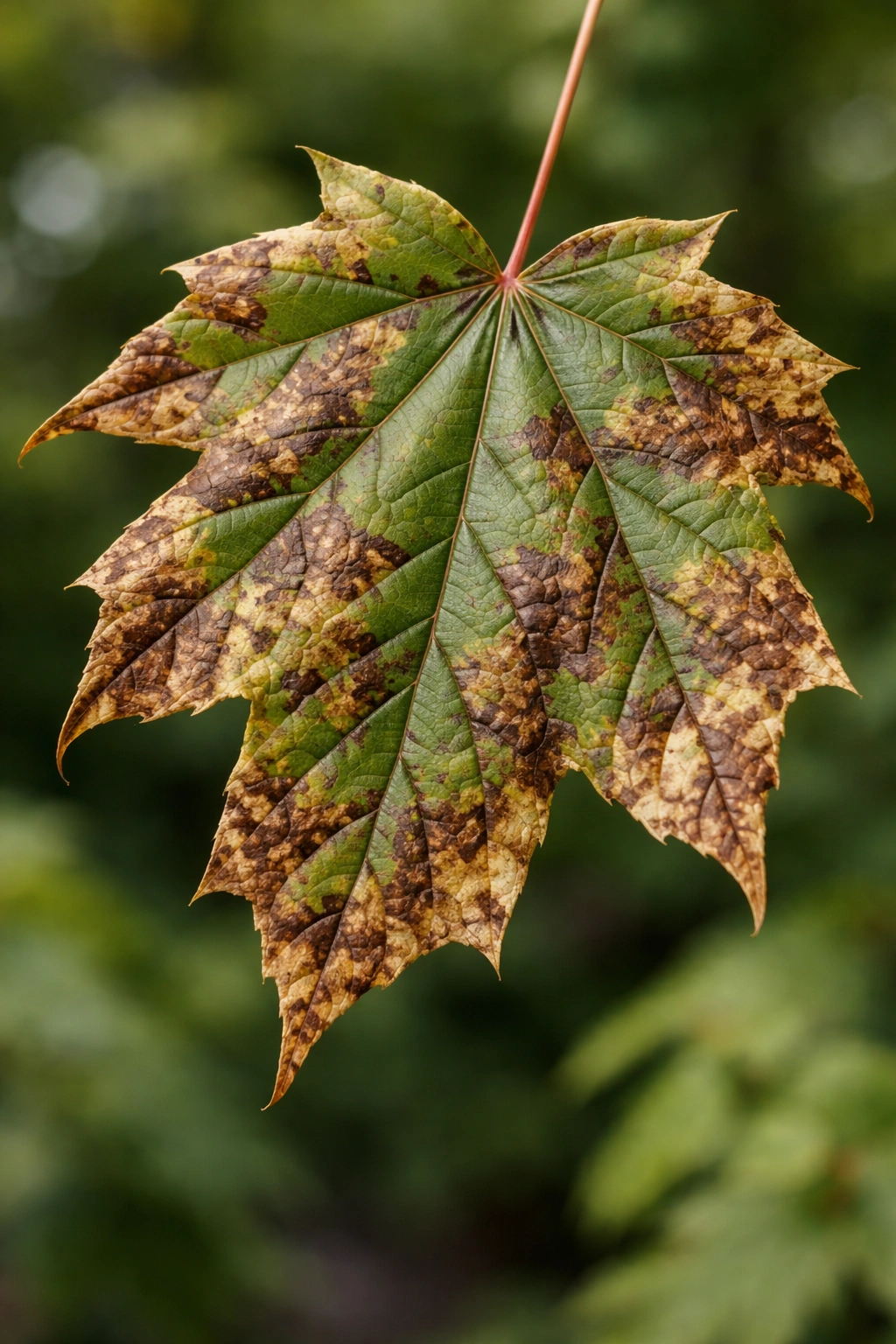 Maple leaf with irregular brown patches from anthracnose