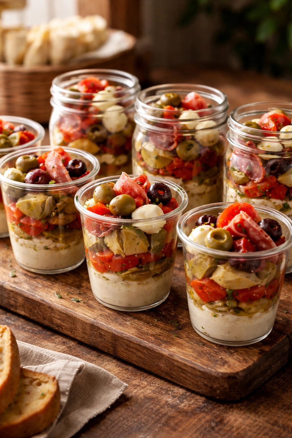 Close-up of layered antipasto in mason jars on a wooden board