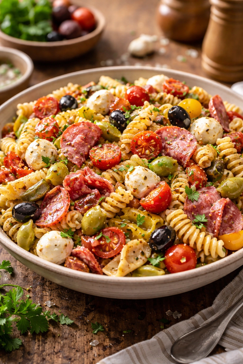 Close-up of antipasto pasta salad with salami, mozzarella, artichokes, pepperoncini, olives, and tomatoes.
