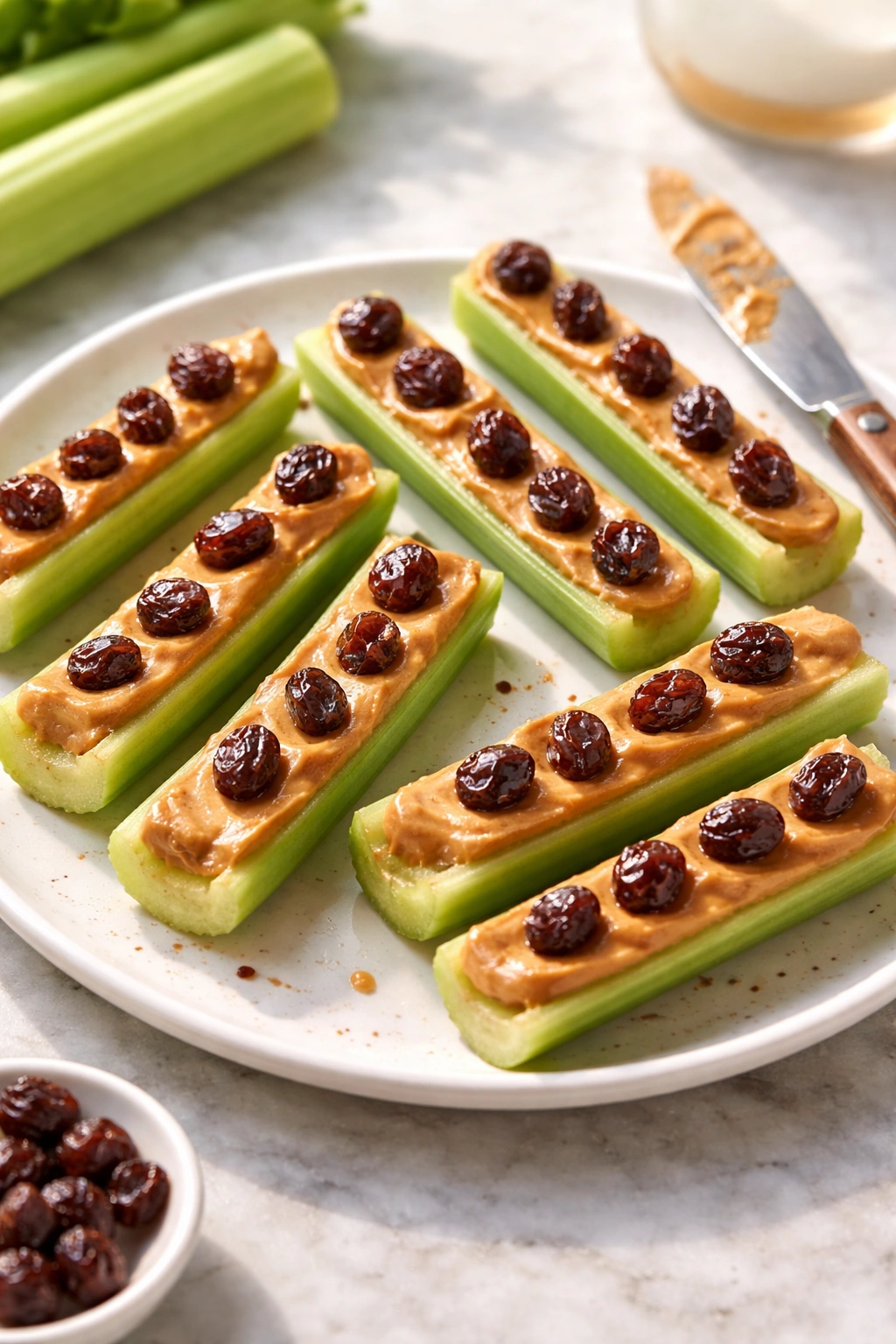 Close-up of ants on a log celery snack with peanut butter and raisins on a plate