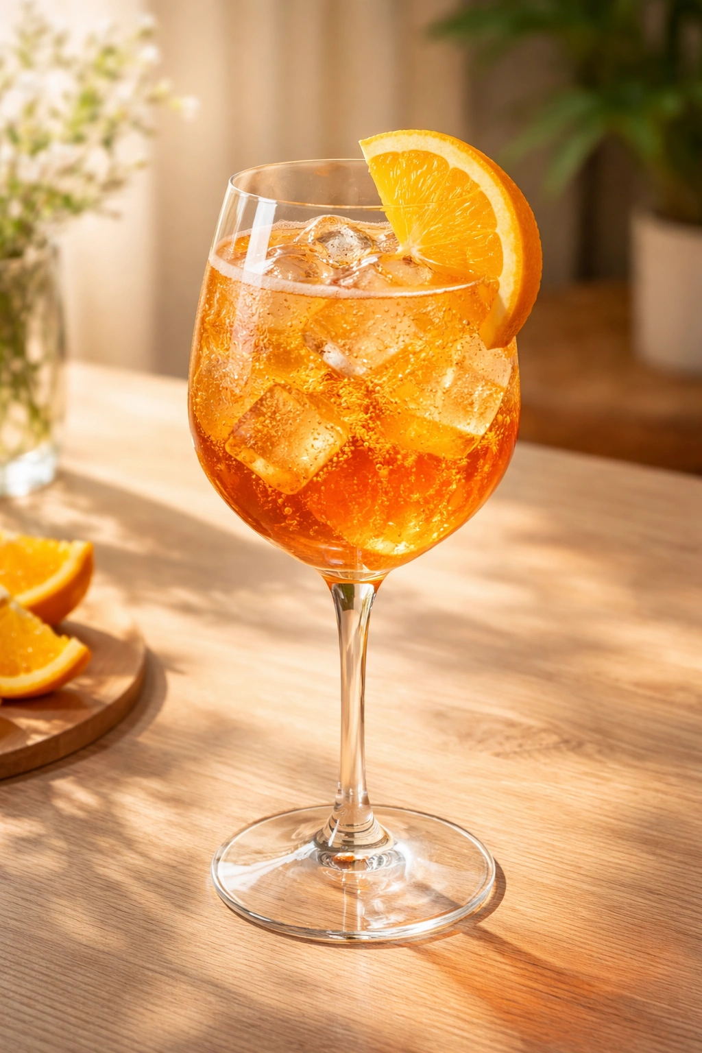 Aperol Spritz in a wine glass with orange slice
