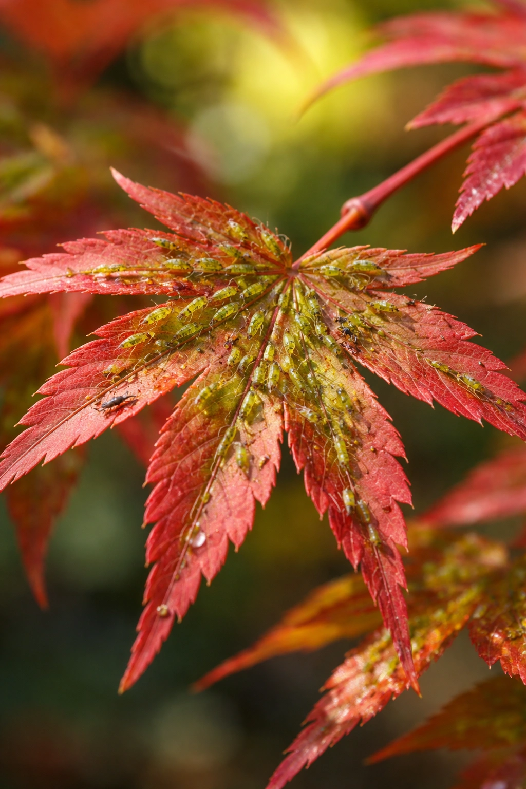 Close-up of a Japanese maple leaf with aphids visible on the leaf