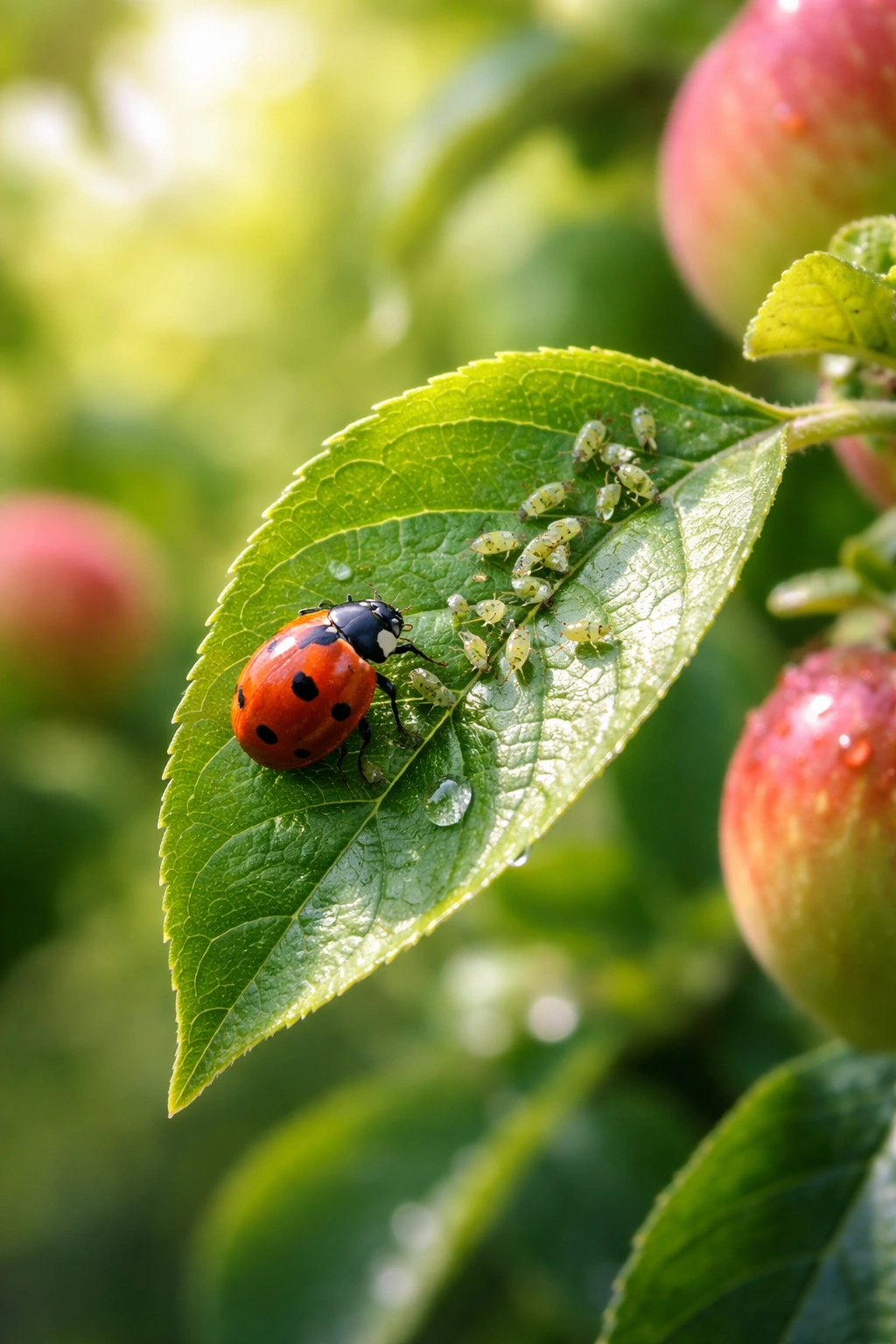 Leaf with aphids and a ladybug illustrating pest control in a fruit garden.