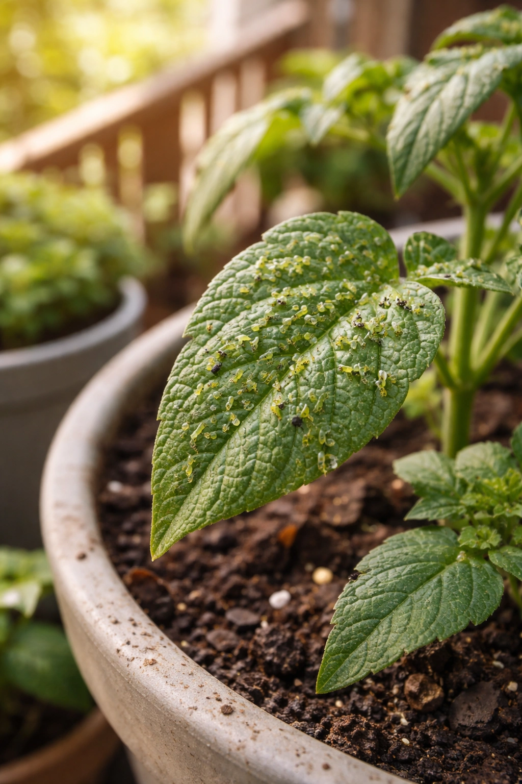 Leaf with tiny aphids on a container plant