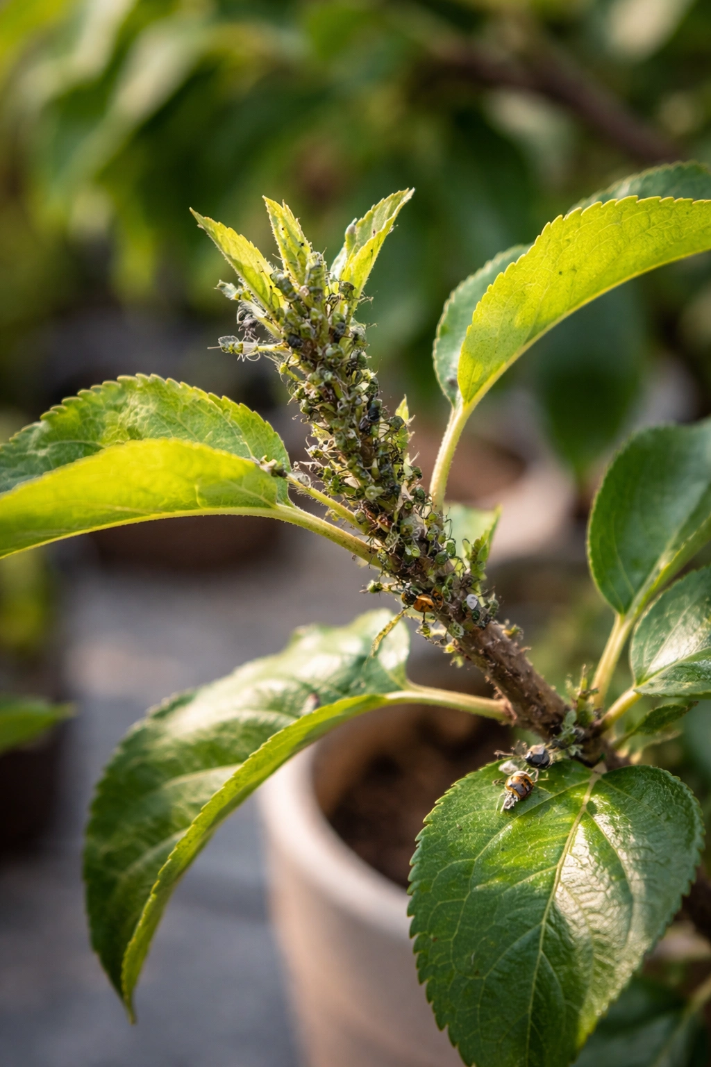 Potted fruit tree branch with aphids on new growth